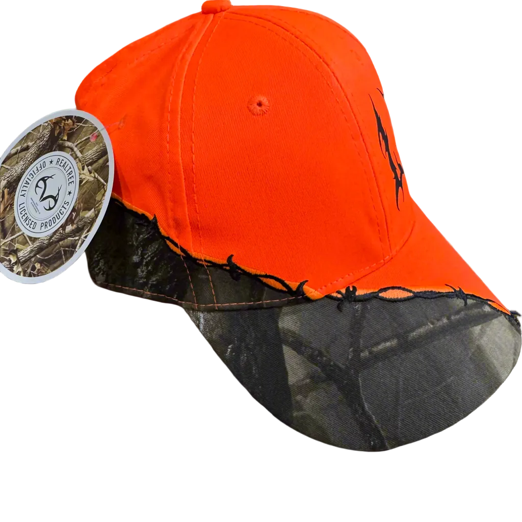 Sold Out Society hunter orange strapback hat with barbed wire embroidered brim, camo underbrim, and LA front graphic