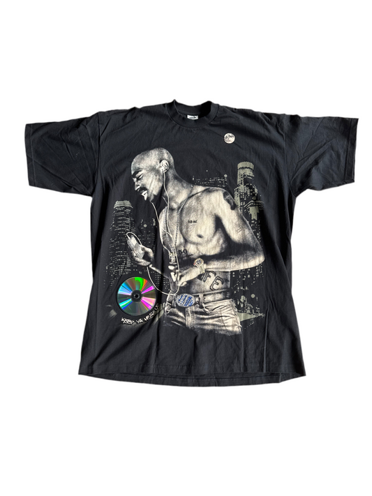 Vtg 2Pac T-Shirt Size 3XL Tall Black Y2K Tupac Shakur Hip Hop Rap Studded Singing with actual CD attached to shirt.