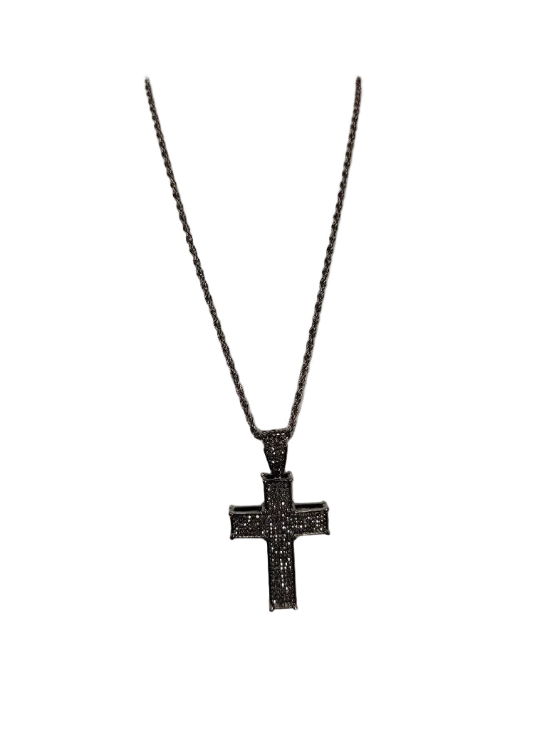 Black ornate cross pendant necklace flared arms black stone pave front