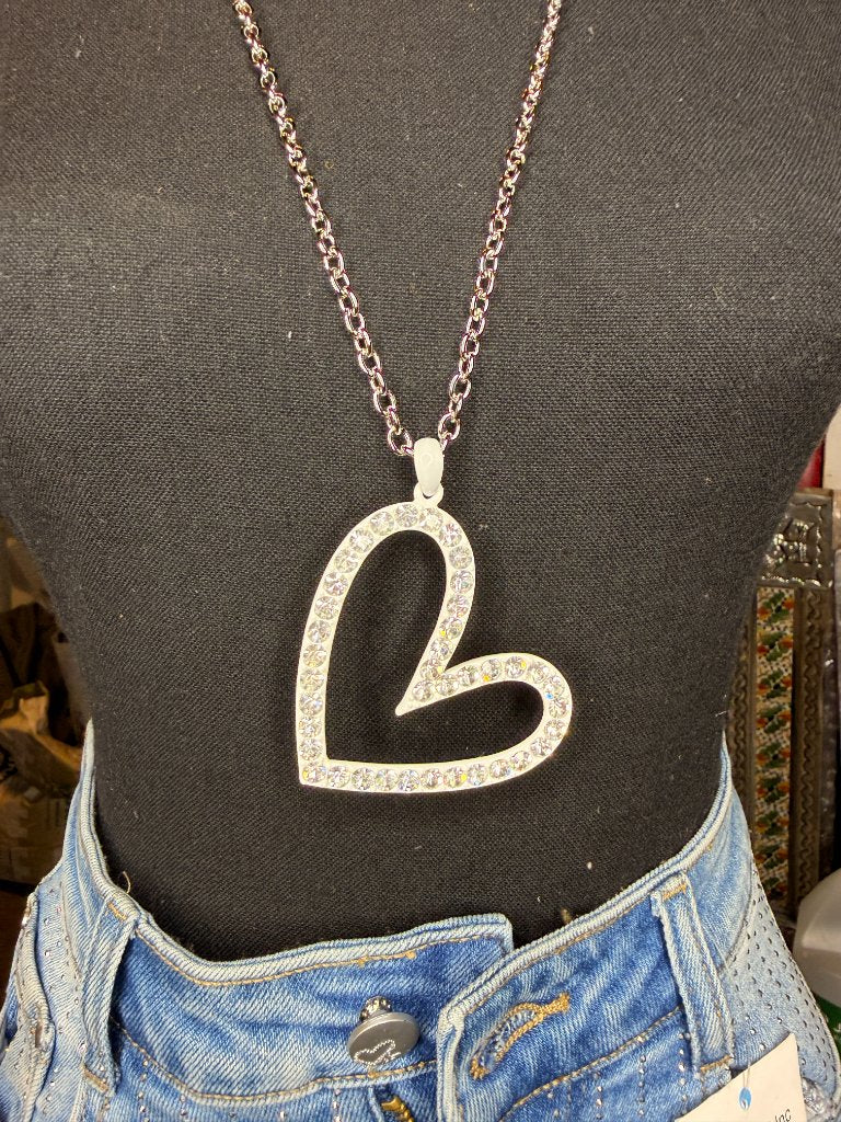 Gold rhinestone heart pendant necklace open heart crystal design