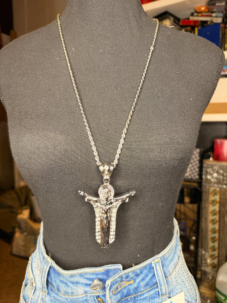 Silver Jesus crucifix necklace close up figural pendant detail