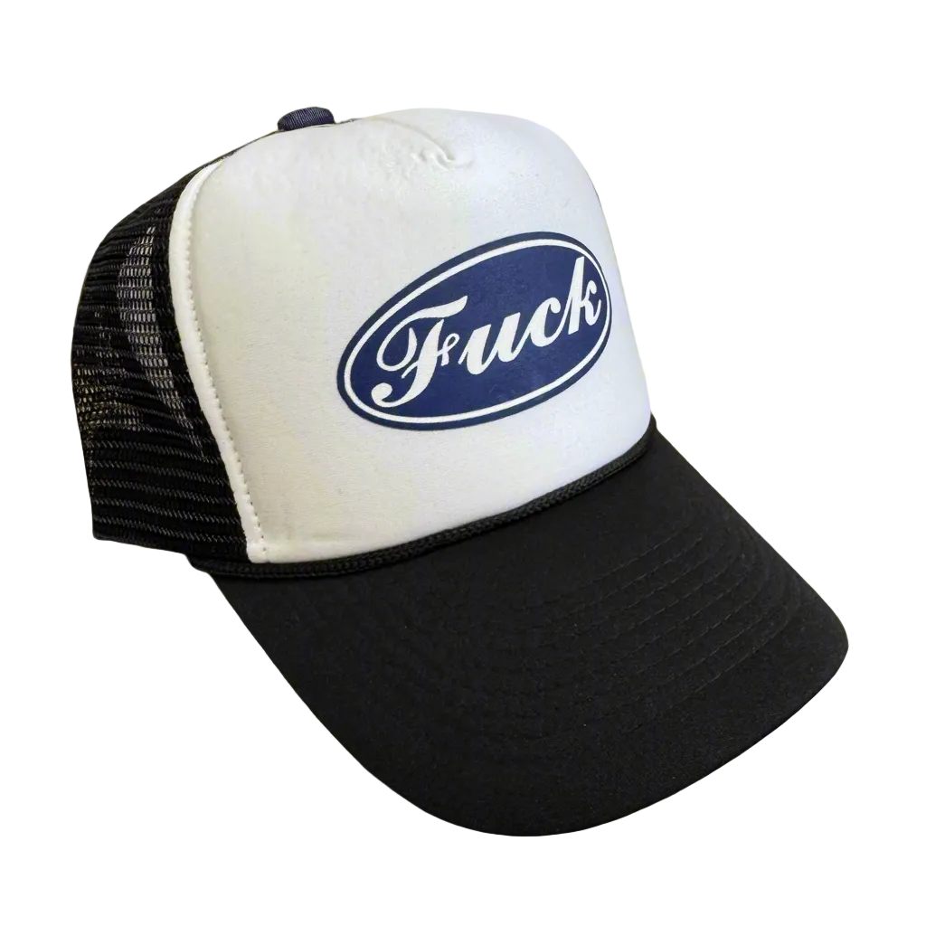 Sold Out Society black and white trucker snapback hat with embroidered F*ck parody logo and mesh back