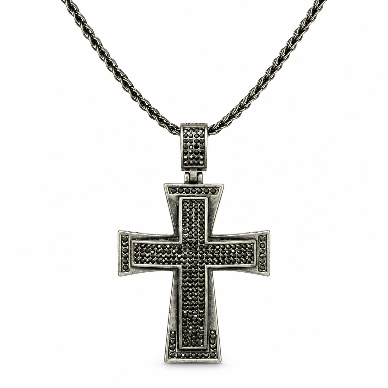 Black Iced-Out Rectangular Cross Necklace – Chunky Black Crystal Pendant