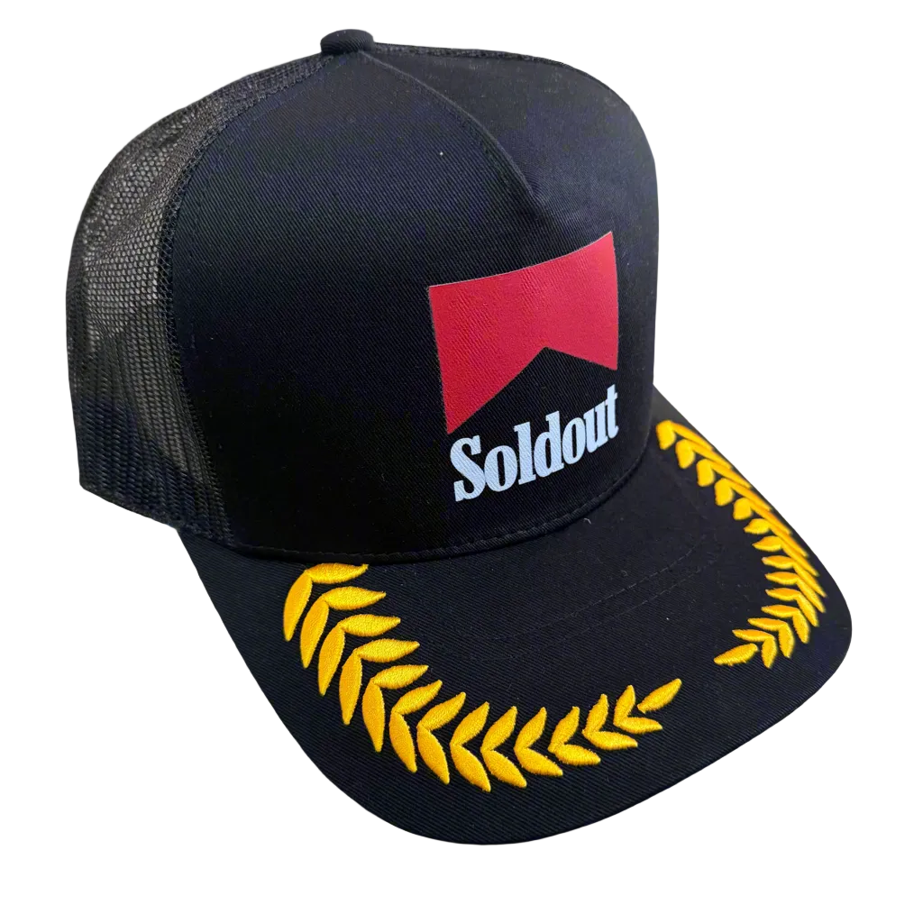Sold Out Society black mesh captain snapback hat with embroidered front logo and captain-style embroidered brim detailing