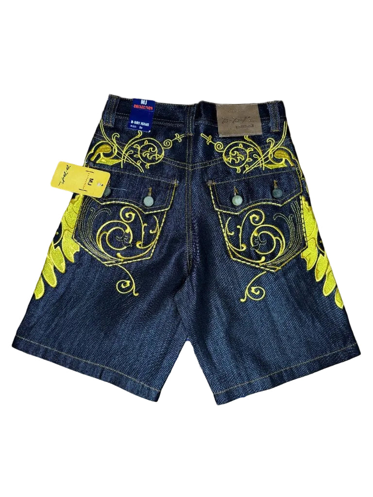 MJ Collection B-Boy black denim shorts yellow gold scroll embroidery back pockets view