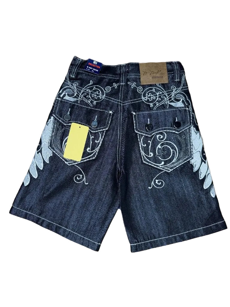 MJ Collection B-Boy black jorts white clock scroll embroidery front view