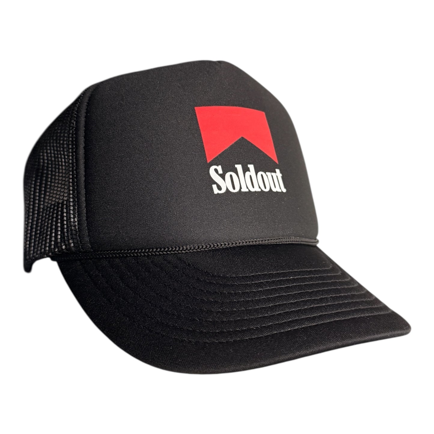 Black mesh snapback hat with red Sold Out logo and black mesh back