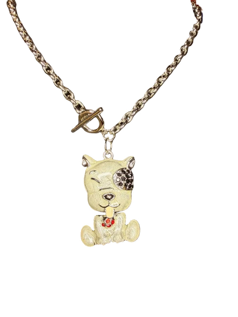 enamel pitbull puppy pendant necklace rhinestone crystal toggle chain vintage streetwear