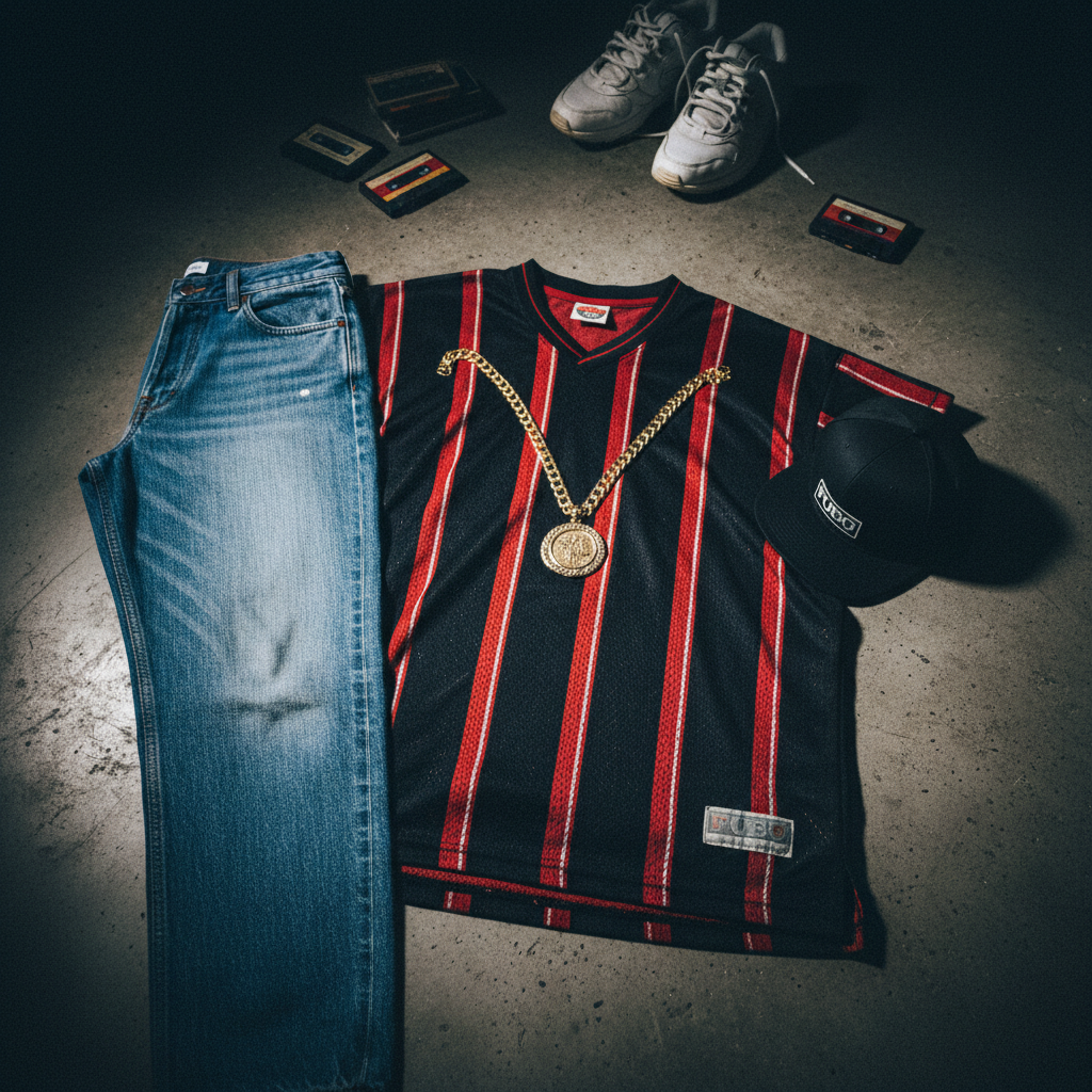 Vintage 90s hip hop streetwear FUBU style jersey flat lay downtown LA thrift