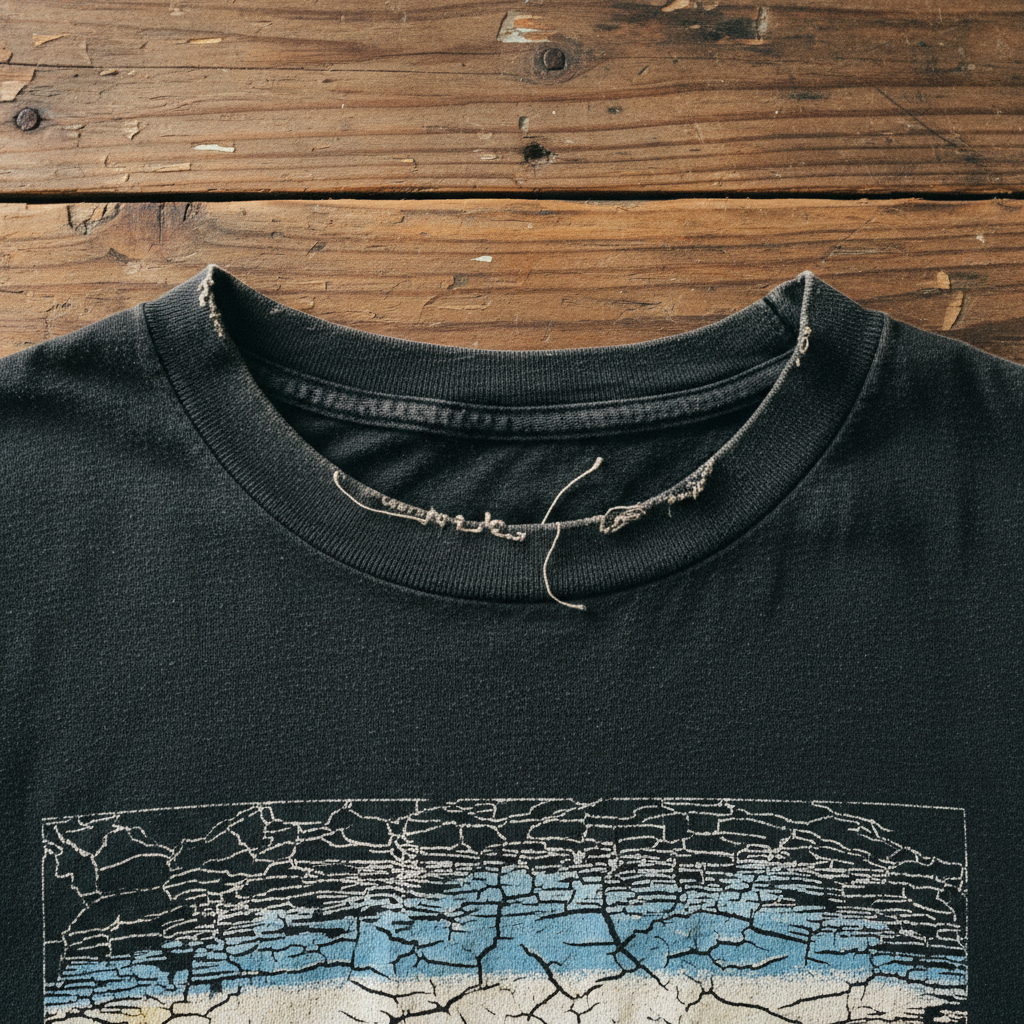 Close up detail of authentic vintage band t-shirt faded single stitch cracked screen print