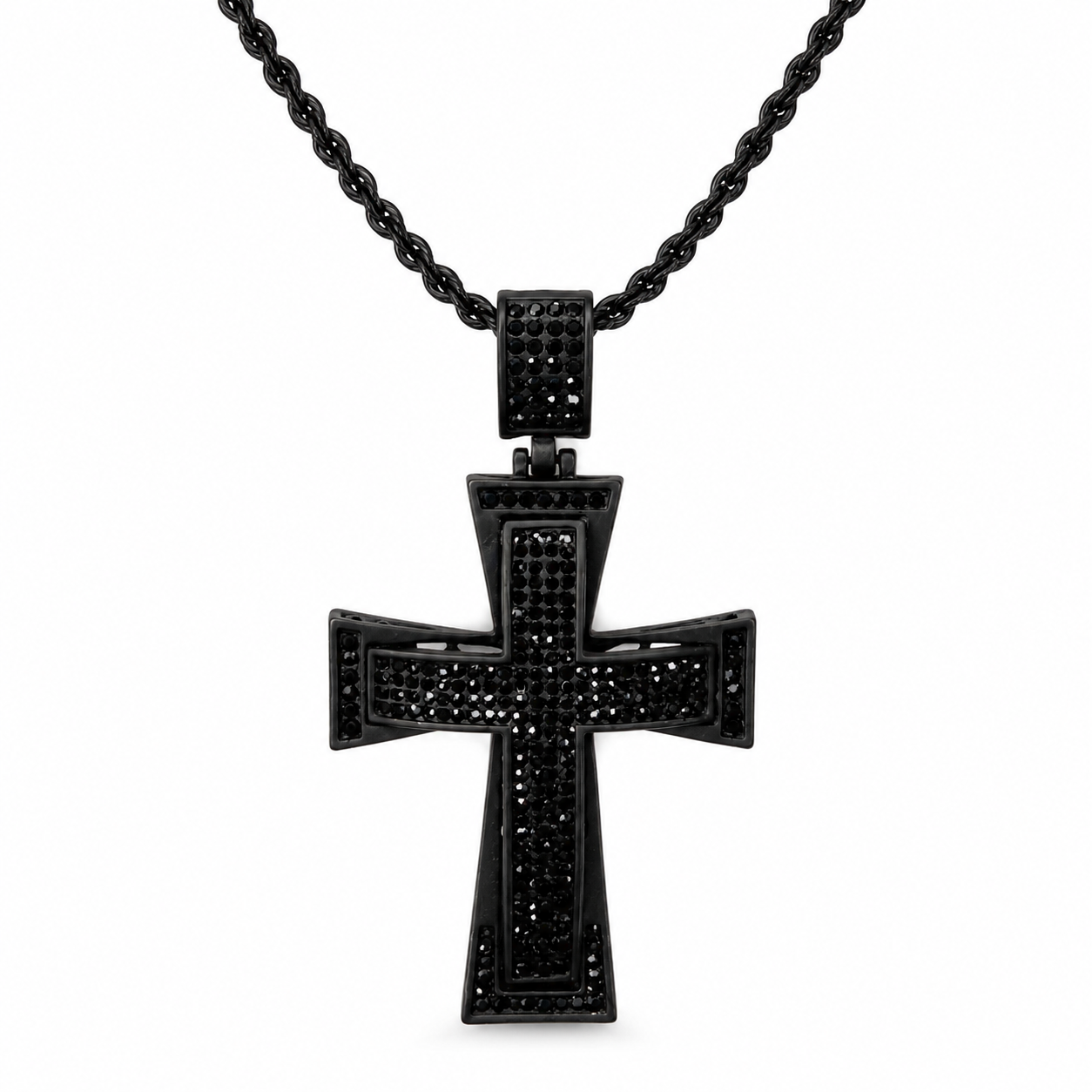 Black Rhinestone Flared Cross Pendant Necklace – Dark Stones on Gunmetal Chain