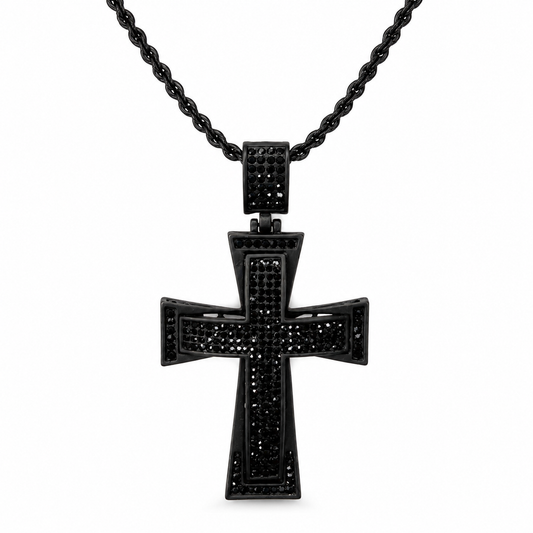 Black Rhinestone Flared Cross Pendant Necklace – Dark Stones on Gunmetal Chain
