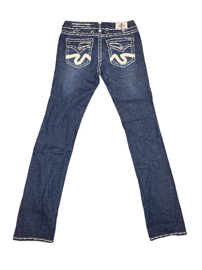 Y2K embellished dark wash skinny jeans back ornate embroidered pocket detail