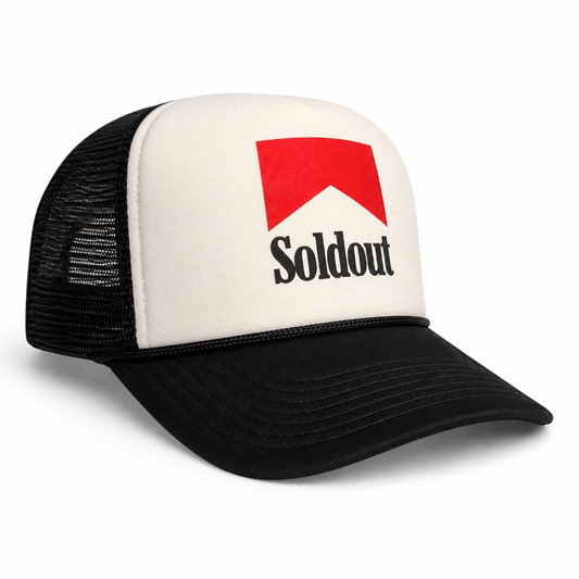 "Sold Out" White & Black Mesh Snapback Hat – Red Logo