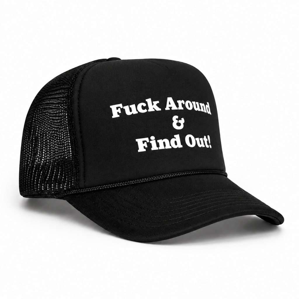black mesh trucker hat bold statement print rope brim streetwear