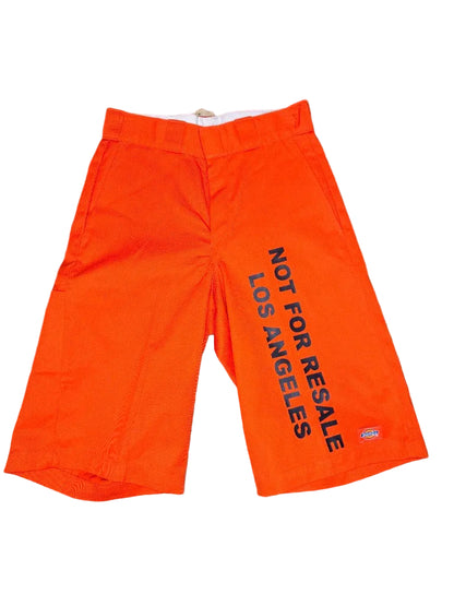 Not For Resale x Dickies orange shorts front NFR Los Angeles leg print