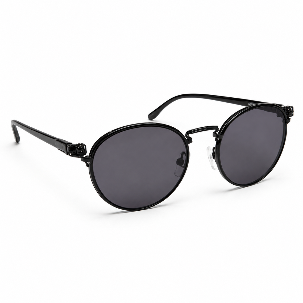 Black round metal-frame sunglasses side view rimless bottom
