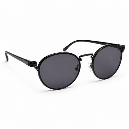 Black round metal-frame sunglasses side view rimless bottom