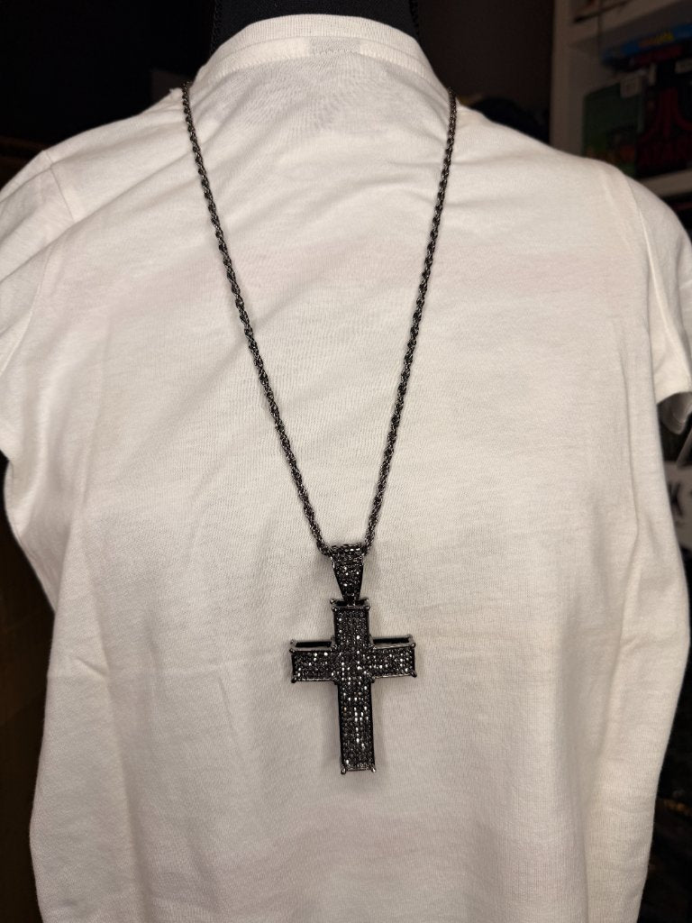 Black ornate cross pendant necklace flared arms black stone pave front