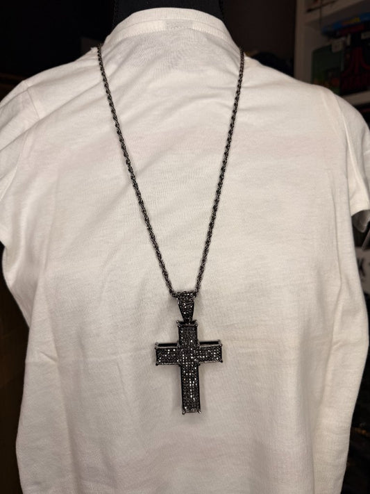 Black ornate cross pendant necklace flared arms black stone pave front