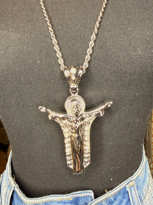 Silver Jesus crucifix pendant necklace figural Christ halo CZ stones front