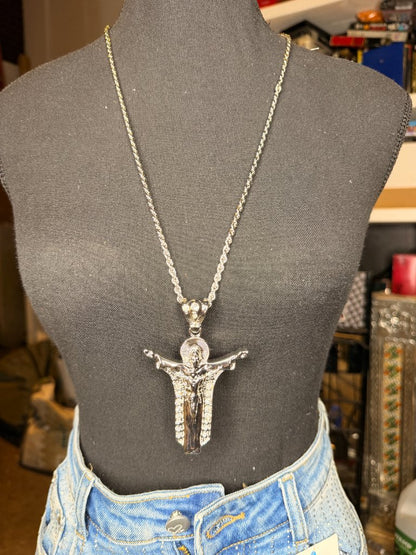 Silver Jesus crucifix necklace close up figural pendant detail