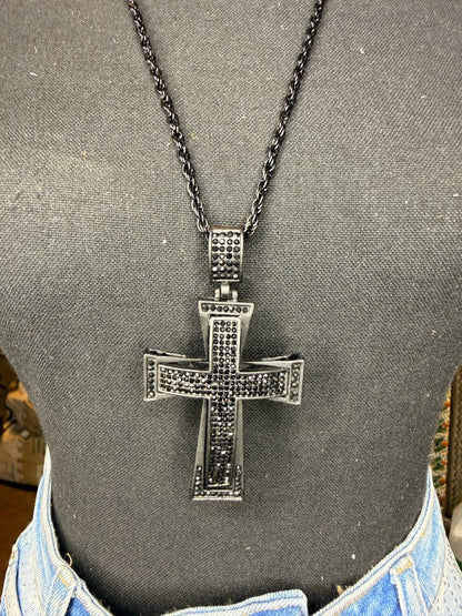 Black iced out rectangular cross necklace chunky black crystal pendant on white tee