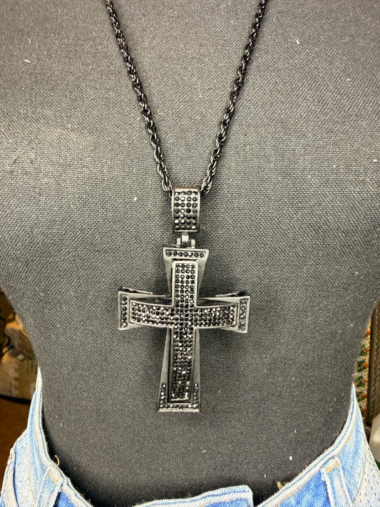 Black iced out rectangular cross necklace chunky black crystal pendant on white tee