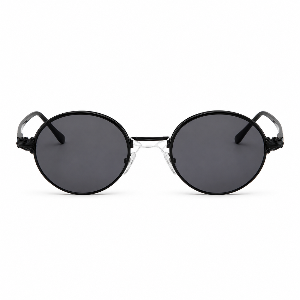 Black round metal-frame sunglasses front view rimless bottom