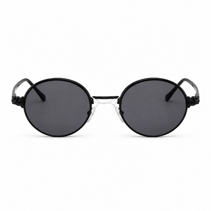 Black round metal-frame sunglasses front view rimless bottom