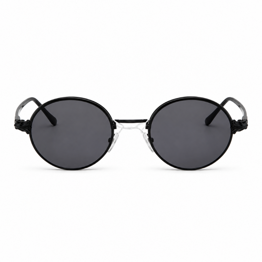 Black round metal-frame sunglasses front view rimless bottom