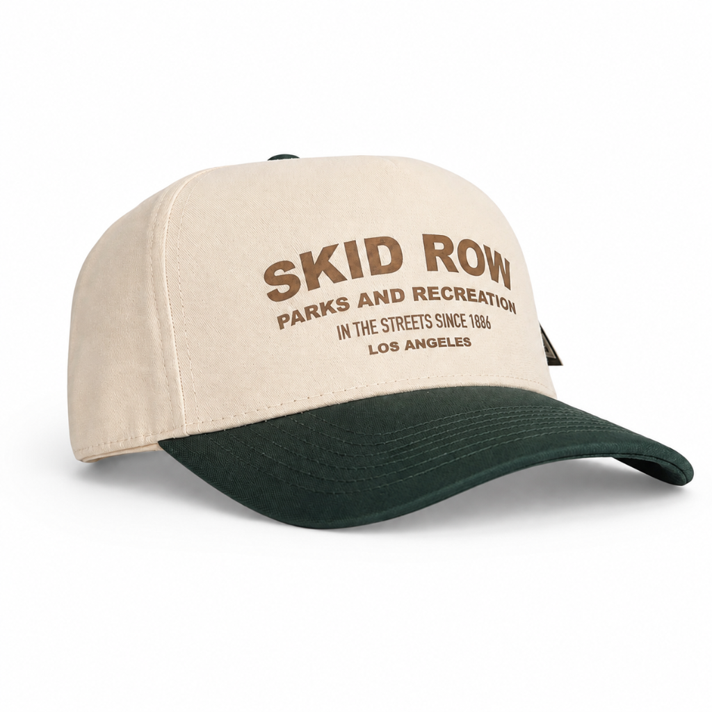 Skid Row Parks and Recreation cream and green snapback hat downtown LA streetwear