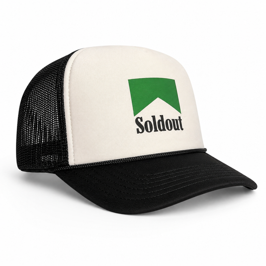 "Sold Out" White & Black Mesh Snapback Hat – Green Logo