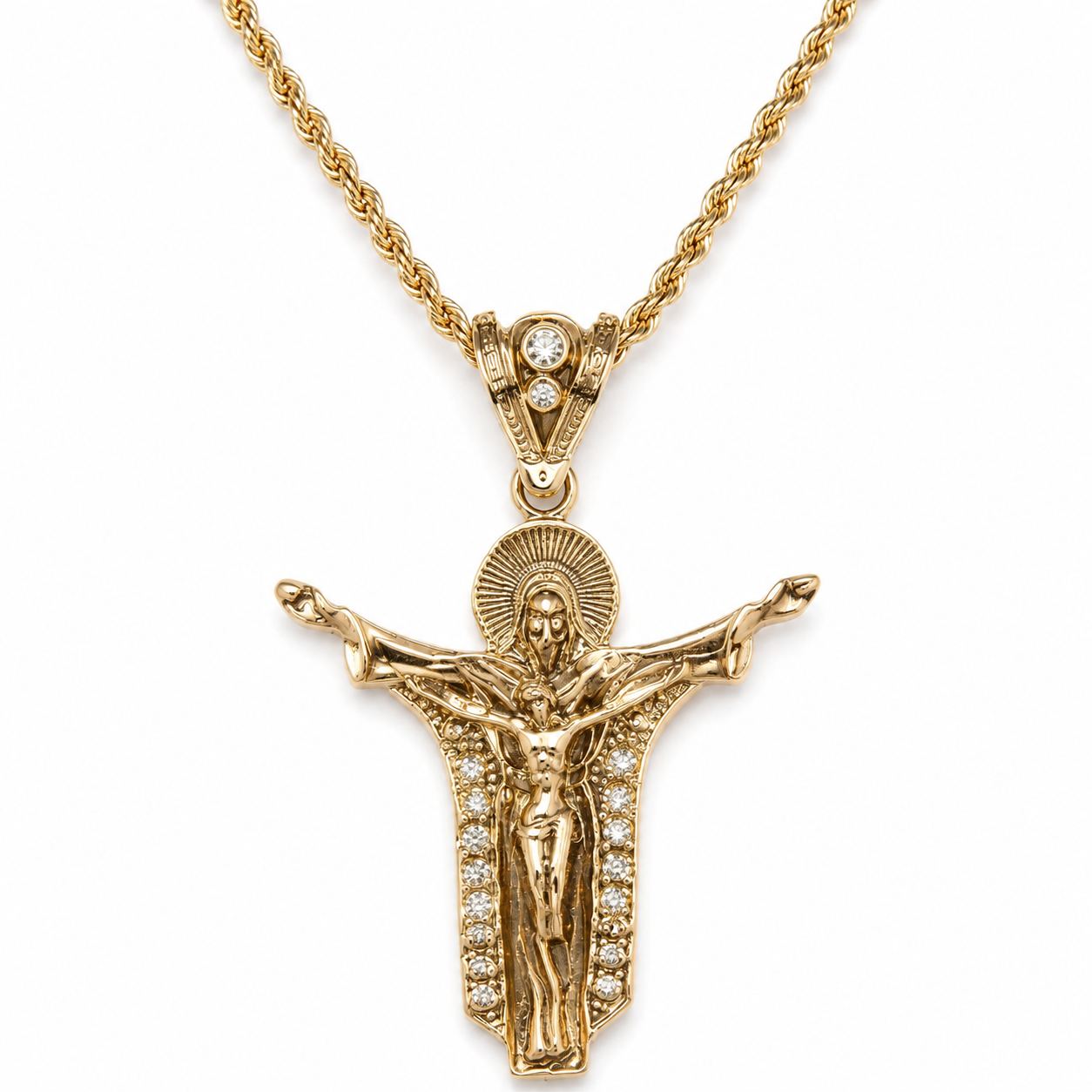Silver Jesus Crucifix Pendant Necklace – Figural Christ with CZ Stones