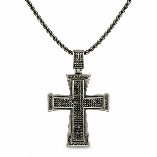 Black Iced-Out Rectangular Cross Necklace – Chunky Black Crystal Pendant