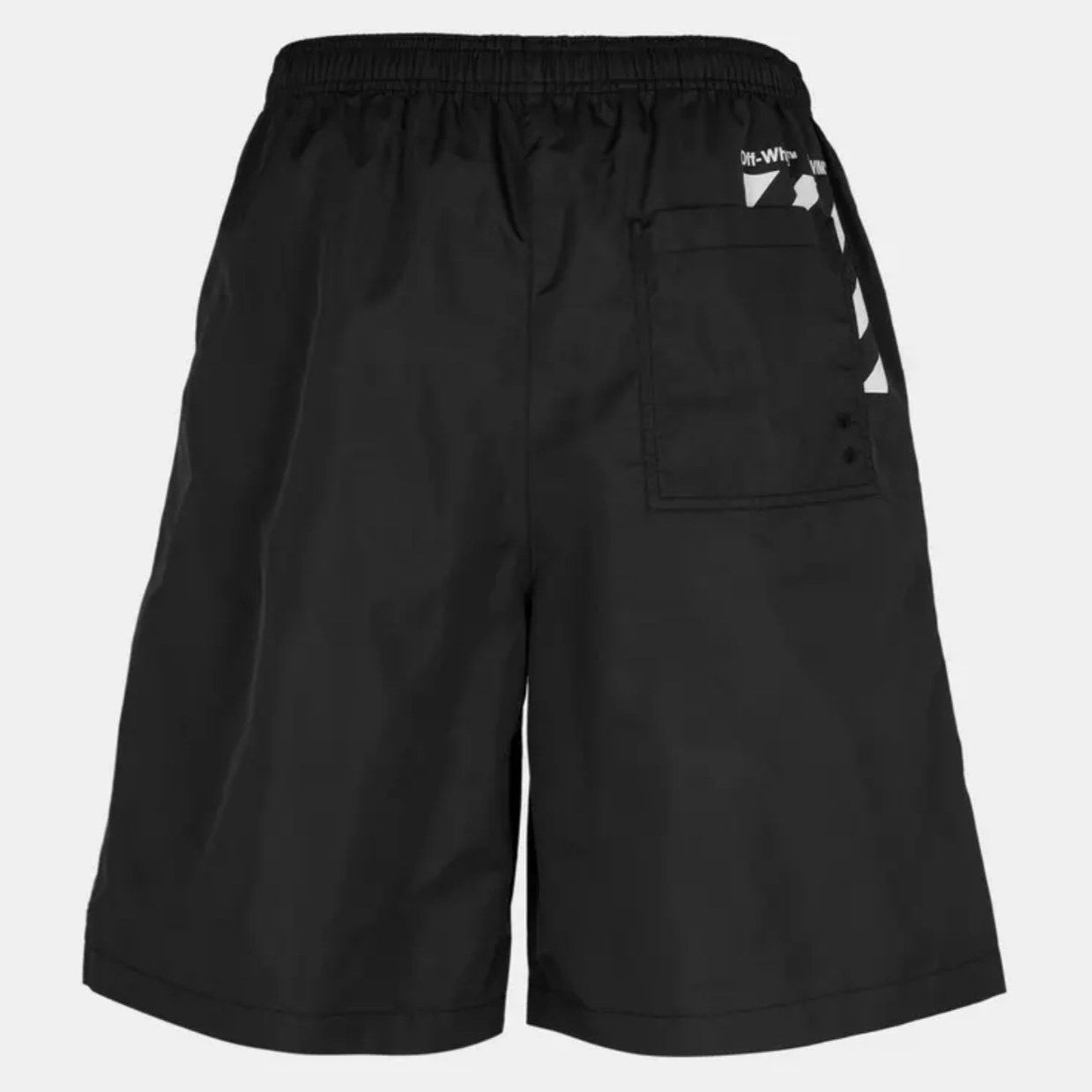 Off-White black swim shorts with the signature diagonal stripes logo on the rear right leg.