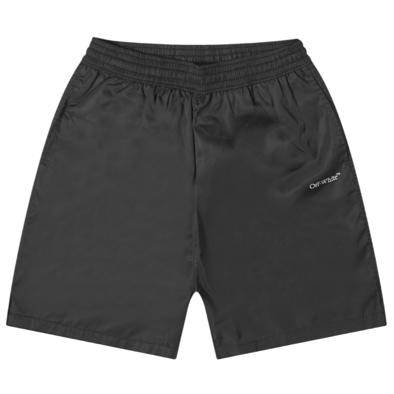 Off-White black swim shorts with the signature diagonal stripes logo on the rear right leg.