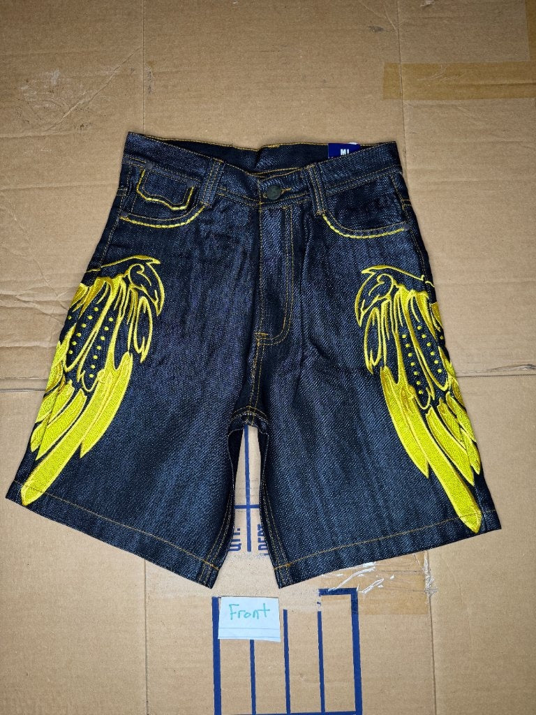 MJ Collection B-Boy black denim shorts yellow gold feather embroidery front view