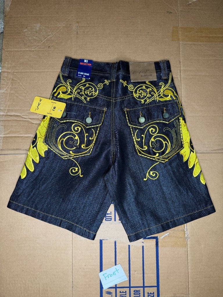 MJ Collection B-Boy black denim shorts yellow gold scroll embroidery back pockets view