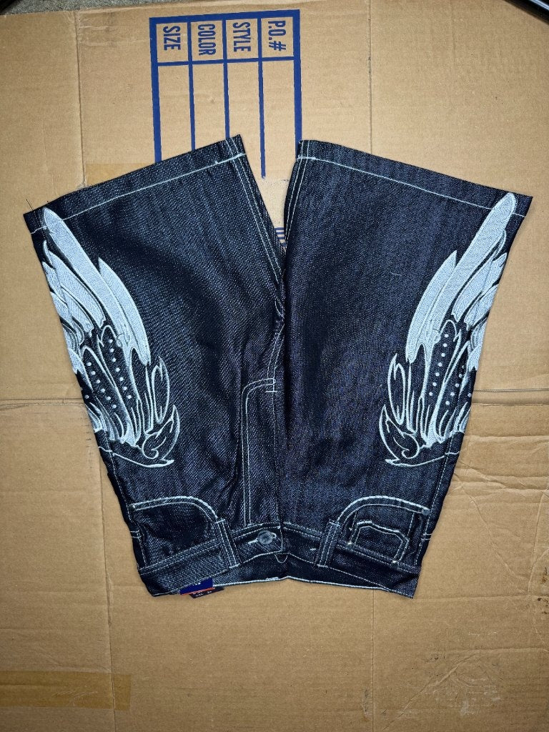 MJ Collection B-Boy black jorts white feather embroidery back view
