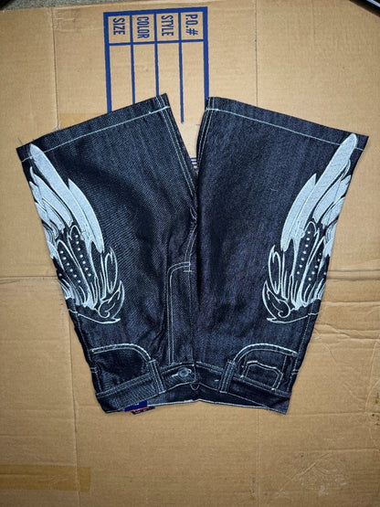 MJ Collection B-Boy black jorts white feather embroidery back view