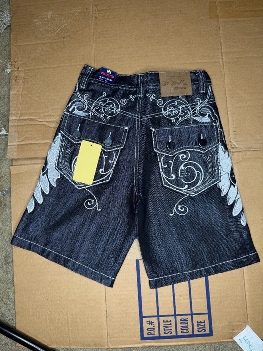 MJ Collection B-Boy black jorts white clock scroll embroidery front view