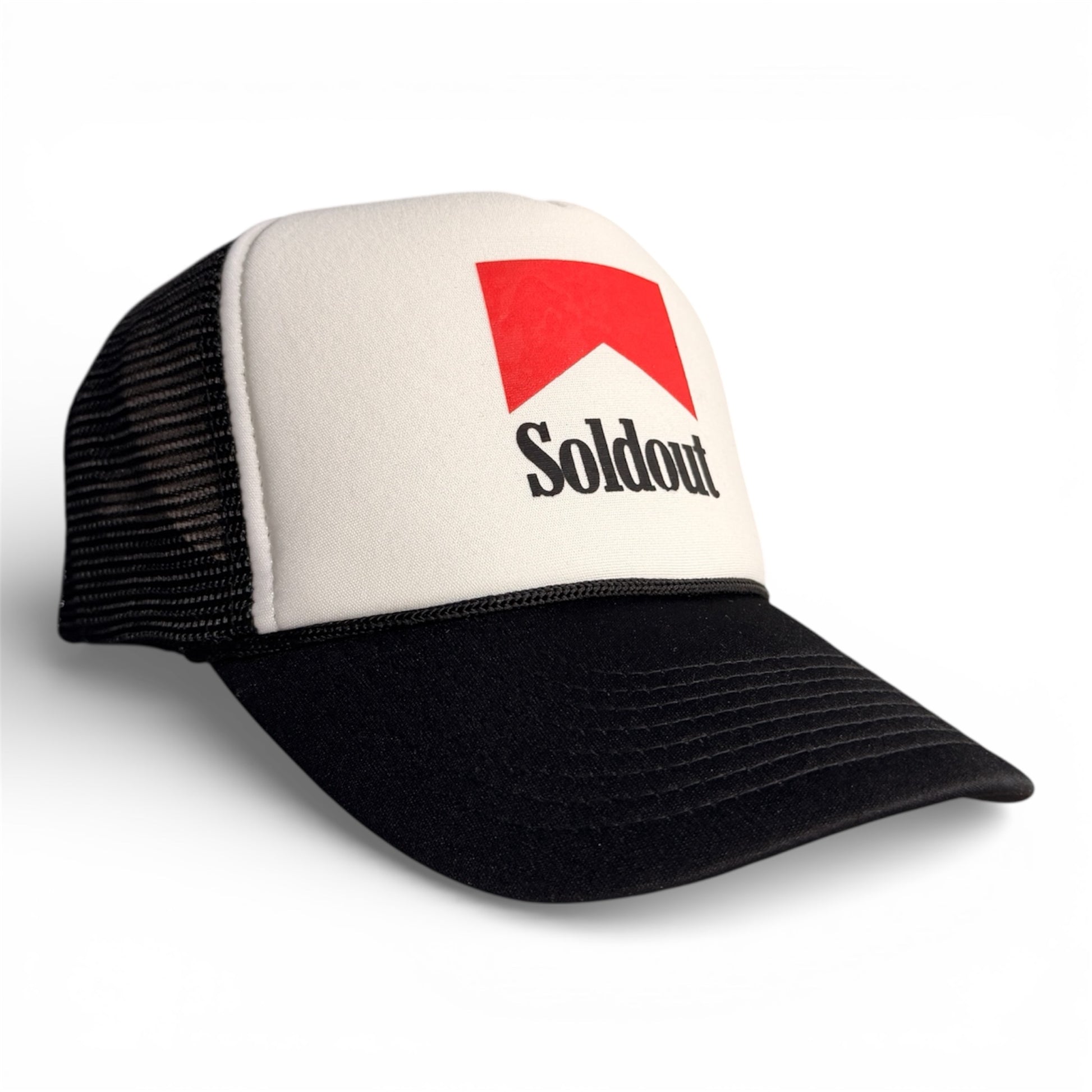 White and black mesh snapback hat with red Sold Out logo, black brim, and black mesh back