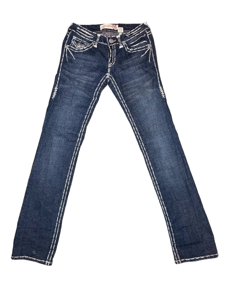 Y2K embellished dark wash skinny jeans front thick white topstitch detail